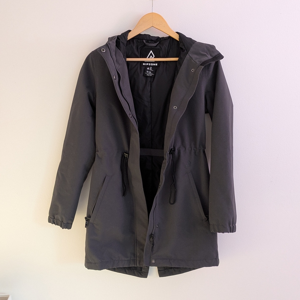 RipCurl XS Women's Gray Hooded Raincoat Warm Jacket Sinch Waist Vancouver